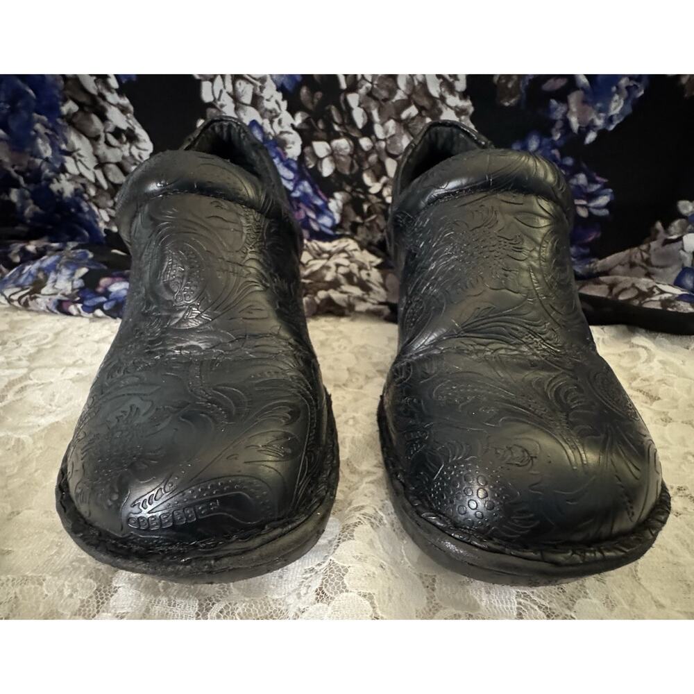 B.O.C. Black Clog Mules, Slip One, Paisley Design, Size 9.5